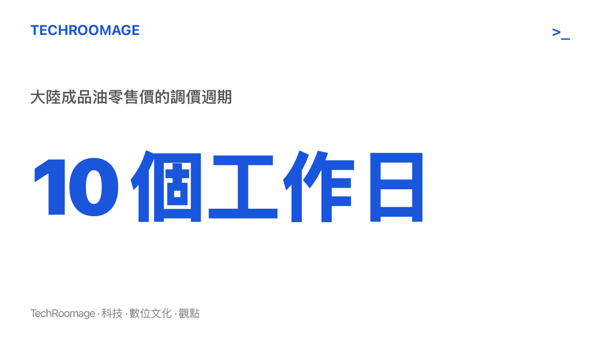 統計圖呈現大陸成品油零售價每十個工作日調整一次的固定節奏，自2013年縮短週期後沿用至今