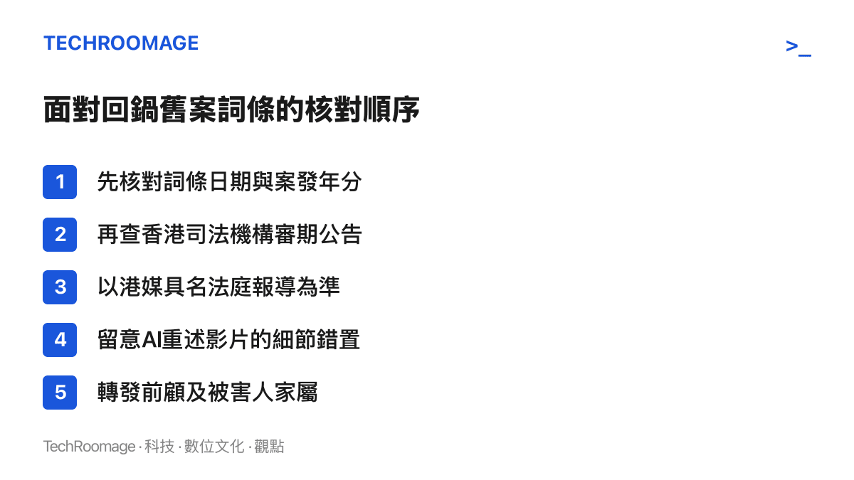 清單圖卡列出讀者面對回鍋舊案熱搜詞條時可依序核對的五個步驟，從案件年分、審期公告、法庭報導到影片細節與家屬立場