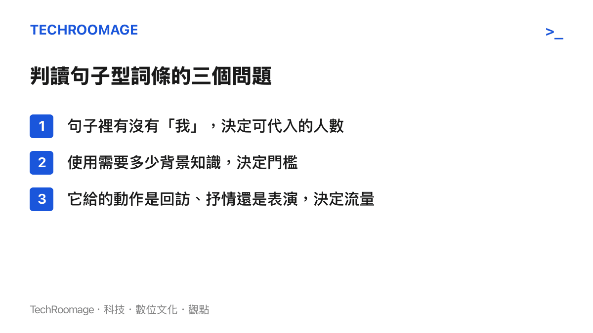 清單列出判讀熱榜句子詞條的三個檢查點：第一人稱的有無、使用所需的背景知識門檻、詞條提供給使用者的動作類型
