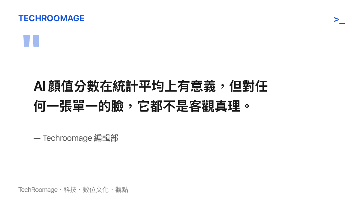 AI 顏值分數與人類評分的相關性最高只到約 0.8，意味著對大約兩成的臉會給出與多數人明顯不一致的判斷，這個分數僅在統計平均上成立，無法代表單一張臉的客觀真理。