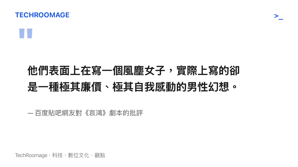 引述網友評論指出《哀鴻》編劇對風塵女角色的描寫本質上只是一種自我感動的男性幻想