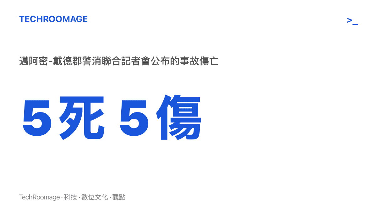 統計圖卡呈現邁阿密亞馬遜貨機衝出跑道事故的已知傷亡規模，至少 5 人死亡、5 人受傷