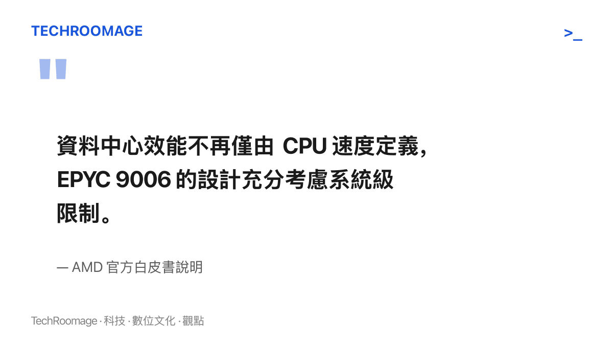 引述 AMD 對 EPYC 9006 系列設計理念的官方說明，指資料中心效能不再單由 CPU 速度決定，而須從系統級限制出發設計