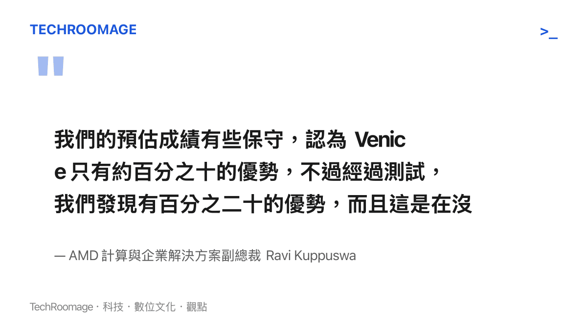 我們的預估成績有些保守，認為 Venice 只有約百分之十的優勢，不過經過測試，我們發現有百分之二十的優勢，而且這是在沒有完全調優的情況下得出的。