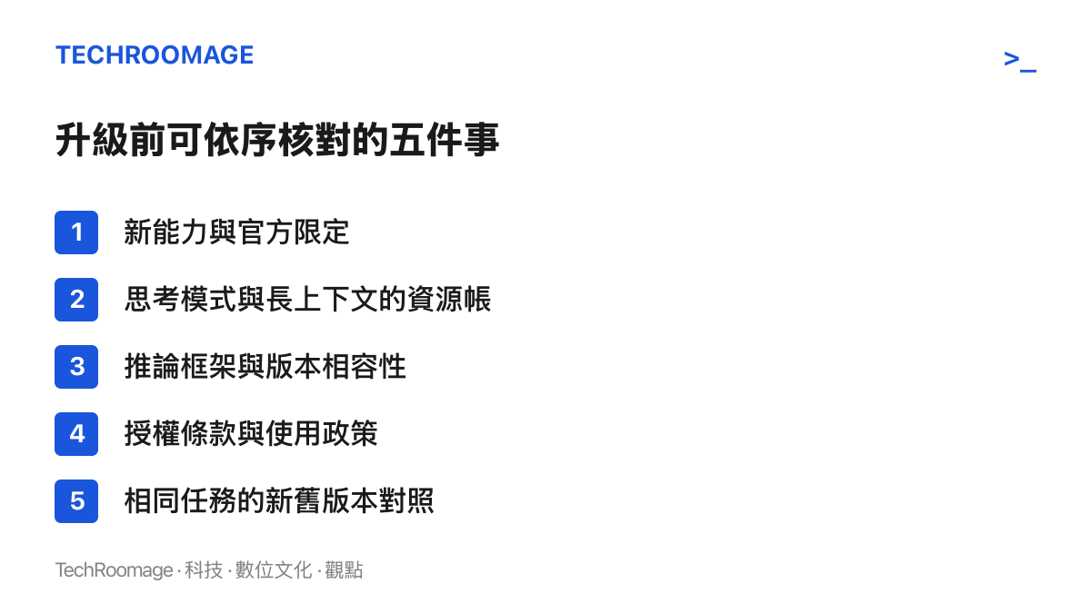 清單圖卡列出開放模型升級前可依序核對的五個項目：能力限定、資源帳、框架相容性、授權政策與新舊版本對照測試