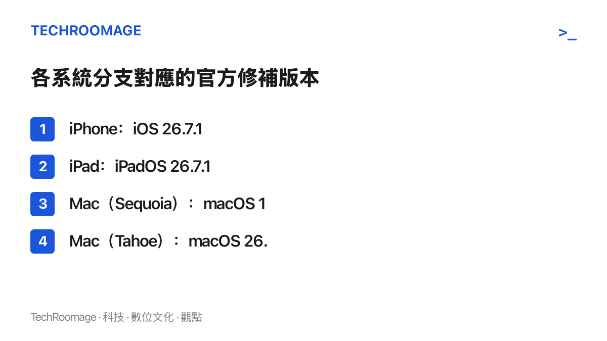 清單圖卡列出 iPhone、iPad 以及 Mac 的 Sequoia 與 Tahoe 分支各自對應的官方修補版本號