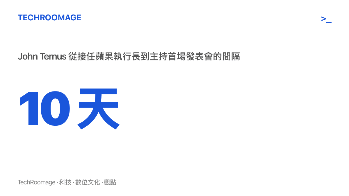 統計圖呈現新任蘋果執行長 John Ternus 從 9 月 1 日接任，到 9 月 10 日主持首場特別活動，中間只間隔十天