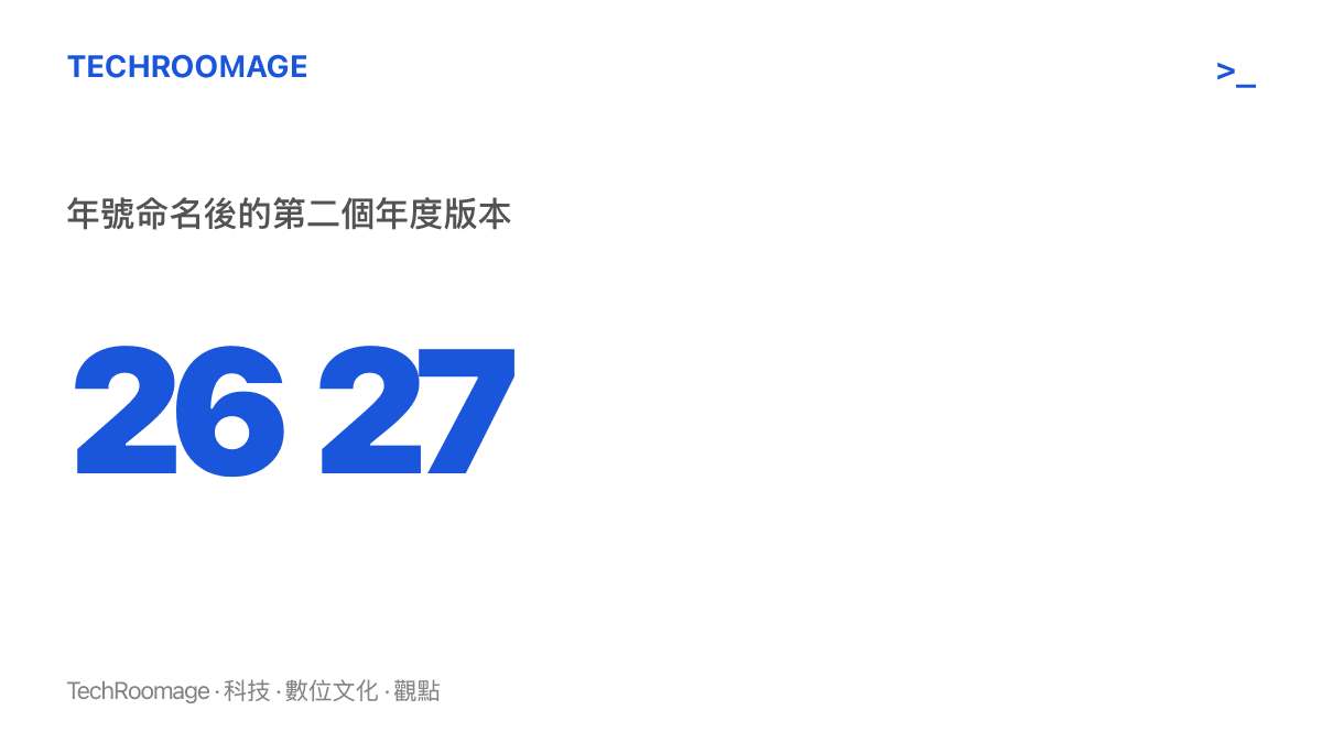 統計圖卡呈現iOS版本號從26推進到27，這是蘋果改以年份替作業系統命名後，連續第二年版本數字與年份對齊
