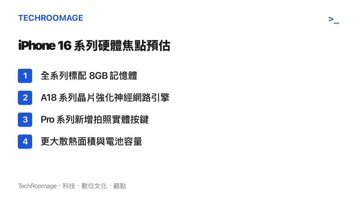 列出 iPhone 16 系列為了支援人工智慧所升級的四項關鍵硬體規格