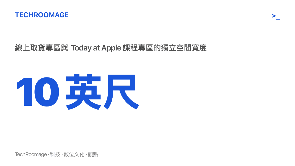 數據圖卡標示 10 英尺，這是新版 Apple Store 裡線上取貨專區與 Today at Apple 課程專區各自獨立空間的寬度