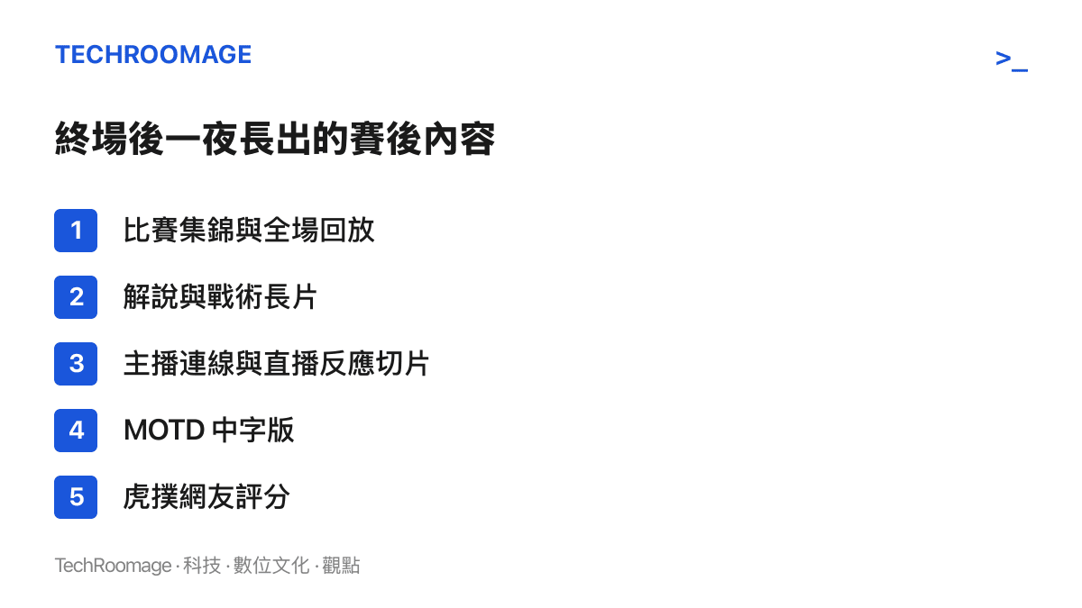 清單圖卡列出一夜之間在 Bilibili 上架的五類賽後內容：集錦與全場回放、解說與戰術長片、主播連線與直播切片、MOTD 中字版、虎撲網友評分