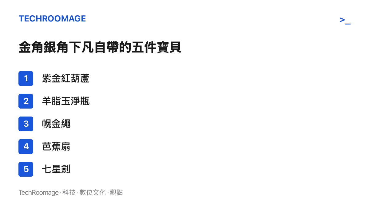 清單圖卡列出金角銀角大王下凡時隨身的五件法寶：紫金紅葫蘆、羊脂玉淨瓶、幌金繩、芭蕉扇與七星劍