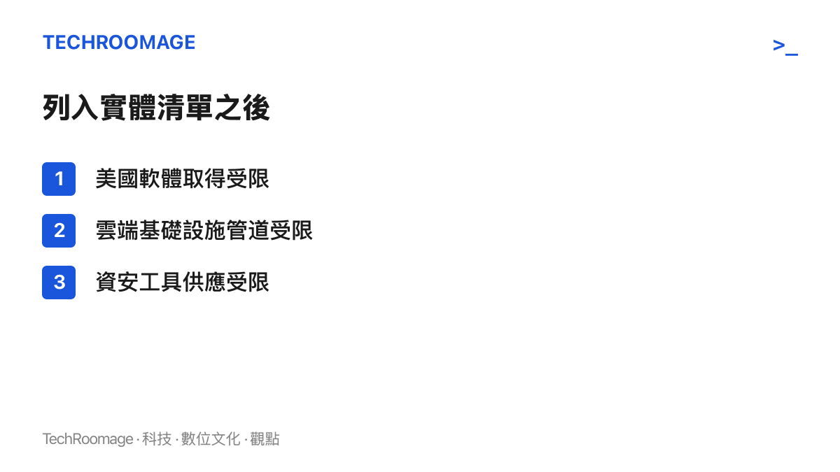 清單呈現列入實體清單後受影響的三項管道：美國軟體、雲端基礎設施與資安工具的取得都將受限