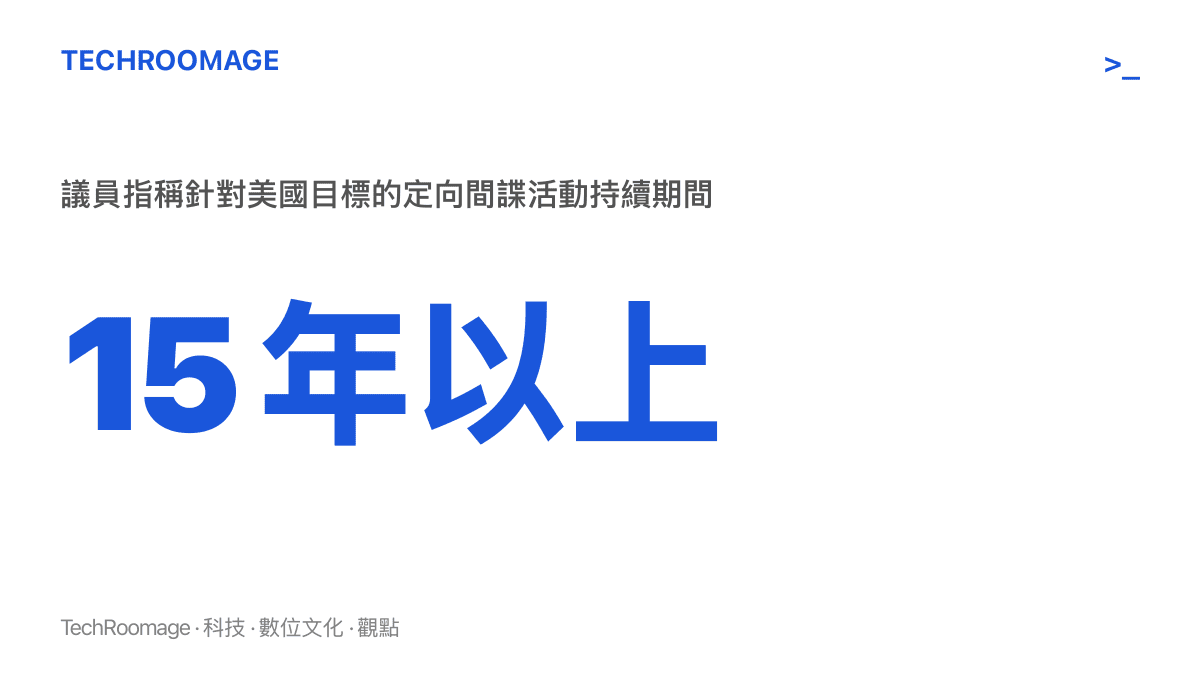 數字標示議員指稱針對美國公民、企業及其律師的定向網路間諜活動已持續超過十五年