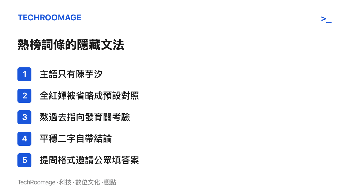清單圖卡列出「為啥陳芋汐就能平穩熬過去」這則熱搜詞條的隱藏文法：主語只寫陳芋汐、全紅嬋被省略成預設對照組、熬過去指跳水選手的發育關考驗、平穩二字自帶結論、提問格式邀請公眾自行填入答案