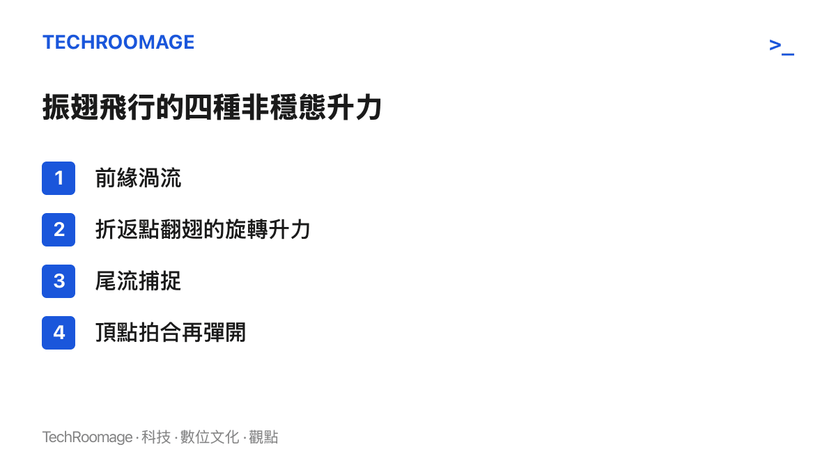 清單圖列出昆蟲振翅飛行的四種升力來源，包含前緣渦流、翻翅產生的旋轉升力、尾流捕捉與拍合後彈開的環流機制