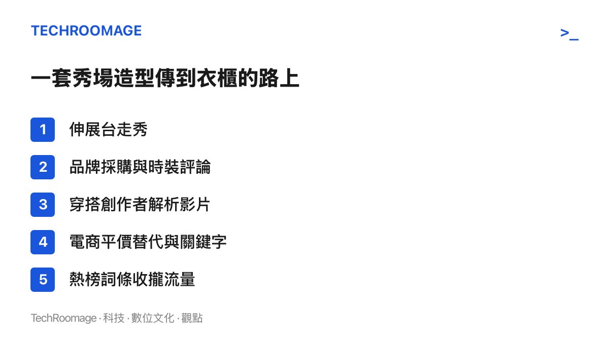 清單呈現一套秀場造型傳遞到日常衣櫃的五個階段，從走秀、品牌採購與時裝評論、創作者解析影片、電商平價替代關鍵字，到熱榜詞條收攏流量