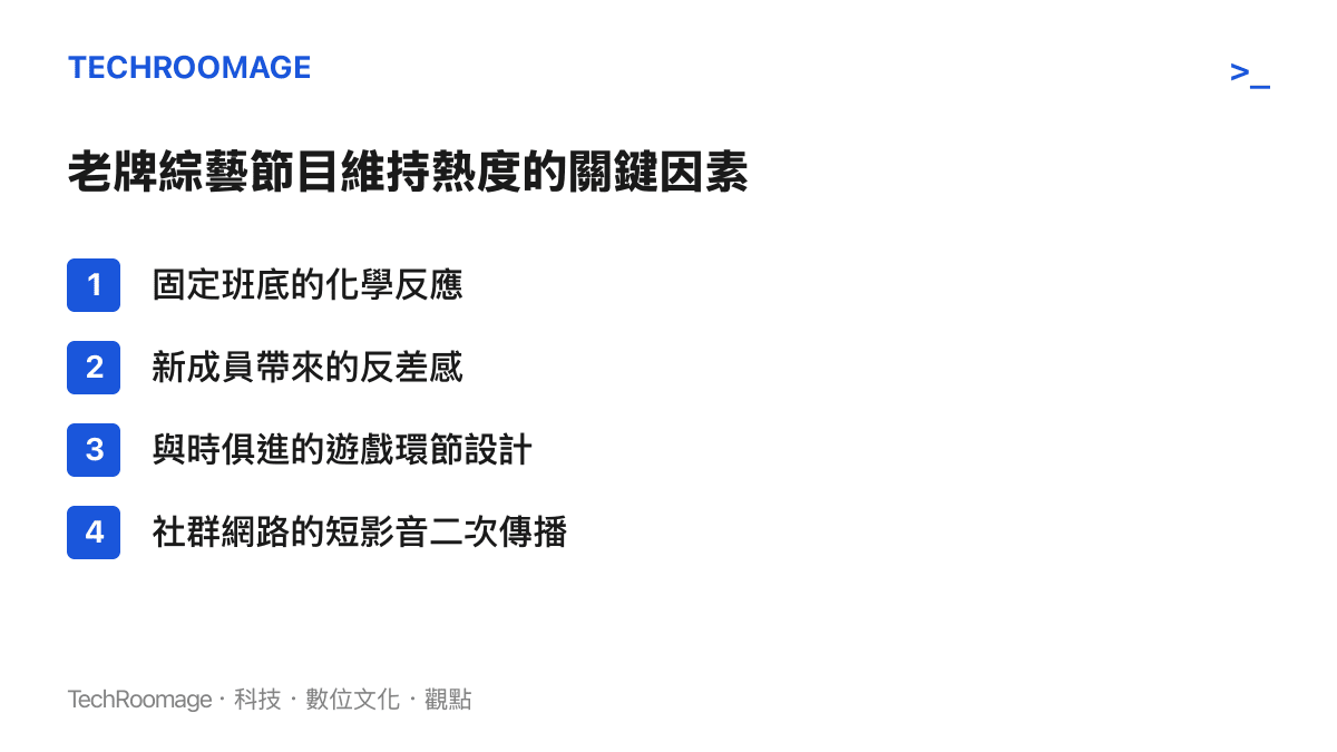 清單圖卡列出臺灣老牌綜藝節目維持熱度的四個關鍵因素，包含班底化學反應與新成員反差感