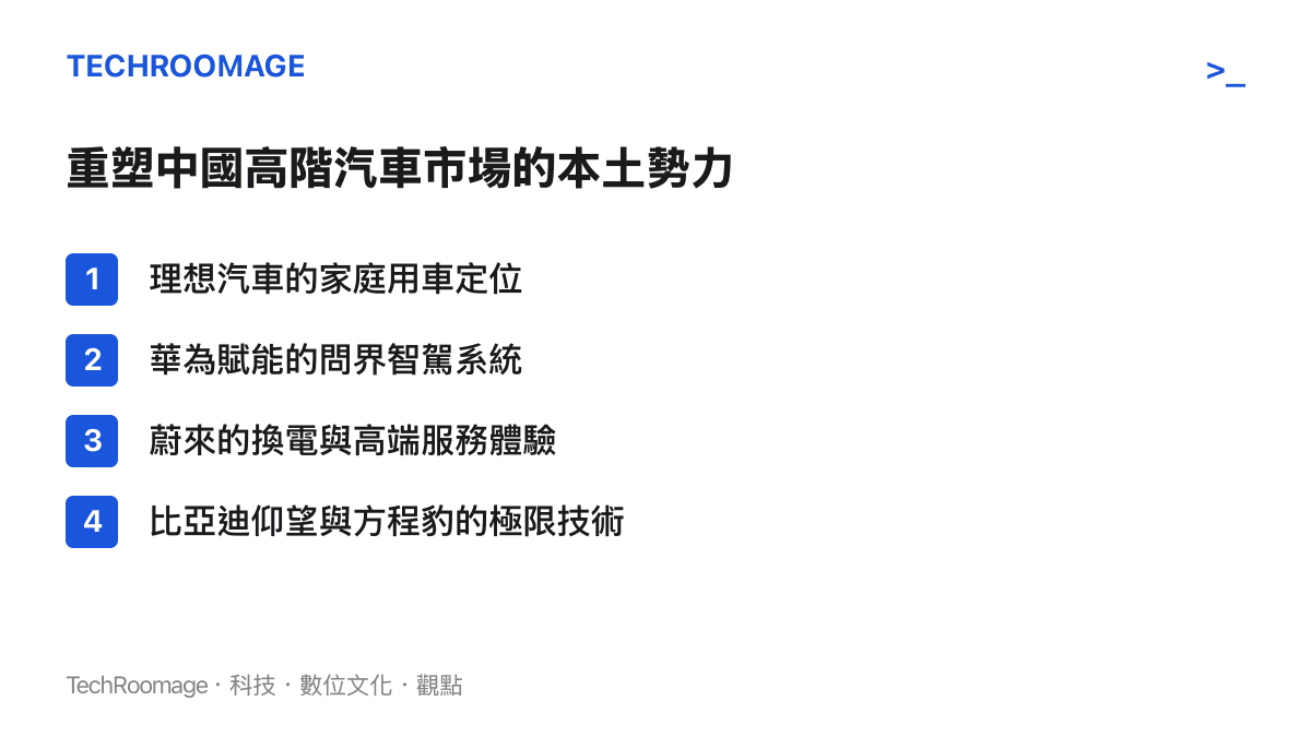 清單圖卡列舉了包含理想汽車、問界、蔚來以及比亞迪等重塑中國高階汽車市場定價權的本土品牌