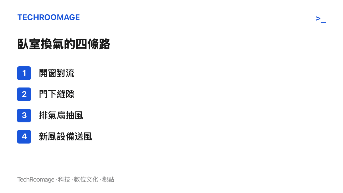 清單列出臥室換氣可用的四條路徑：開窗對流、門下縫隙、排氣扇抽風與新風設備送風
