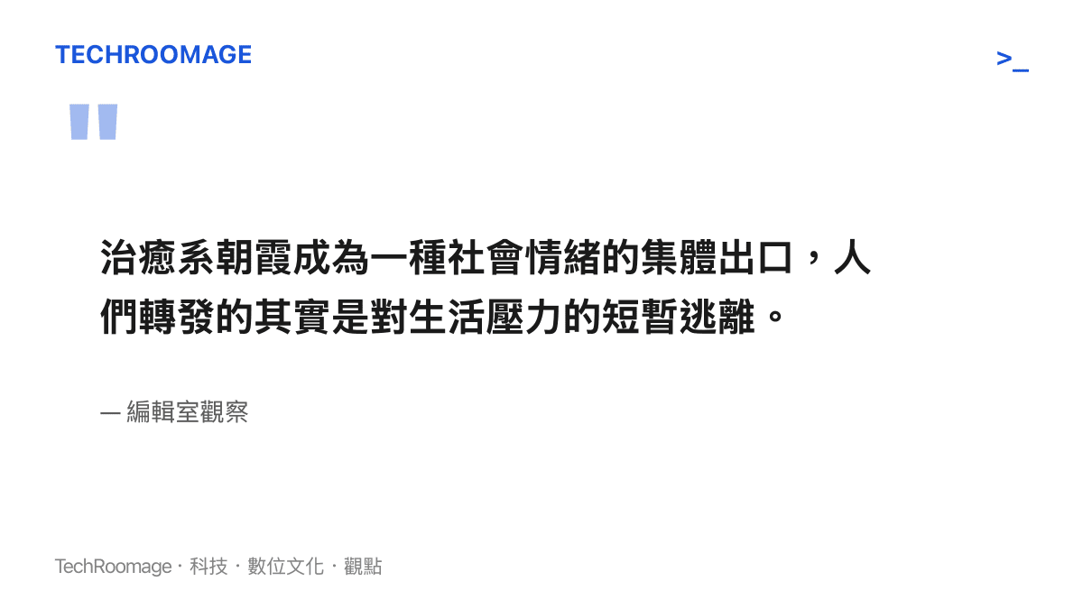 引述編輯室對北京朝霞現象的社會心理學觀察，指出治癒系標籤是大眾情緒的出口