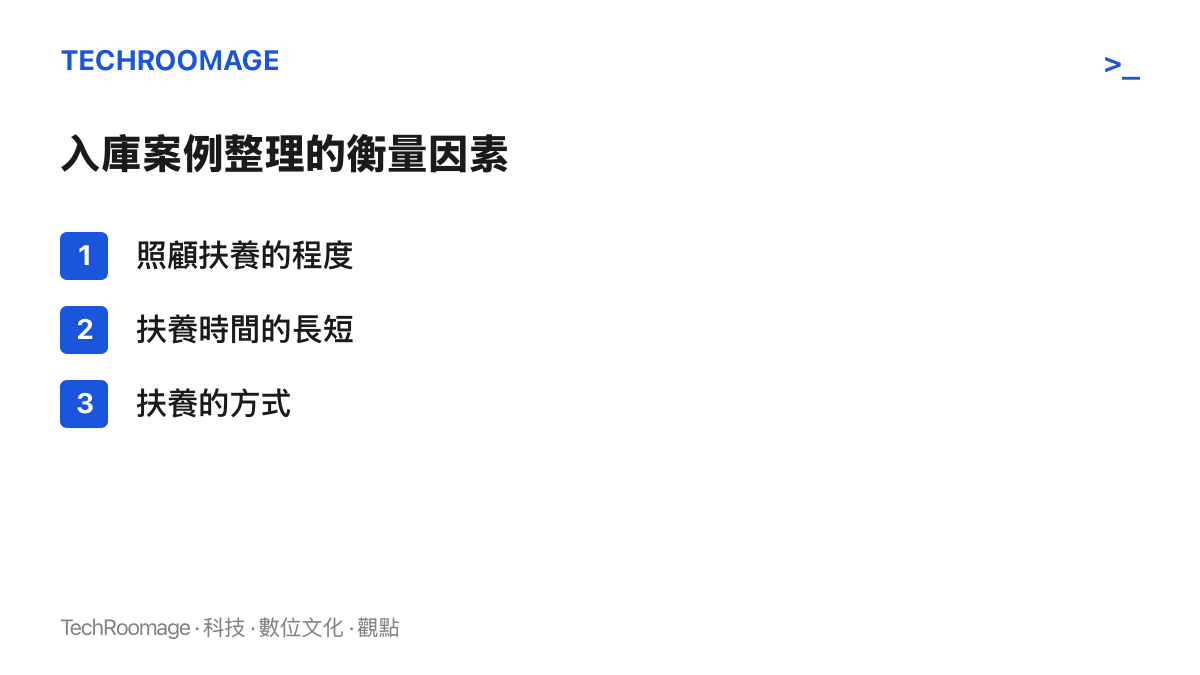 圖卡列出法院衡量遺產酌給份額的三項因素，包括照顧扶養的程度、扶養時間的長短，以及扶養的方式