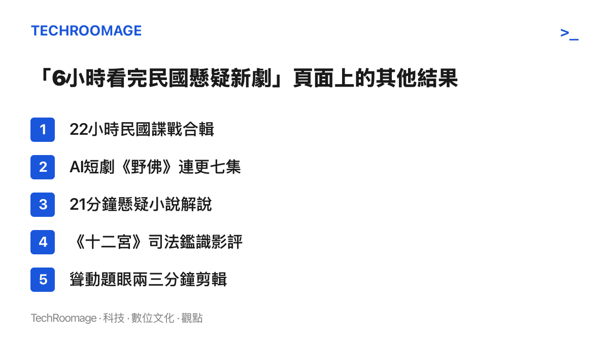 清單圖卡列出同一個B站搜尋頁上並排的內容：超過22小時的諜戰合輯、標註AI全民製作人的短劇《野佛》、21分鐘小說解說、從電影十二宮談司法鑑識的影評，以及多支以聳動情節為題的短剪輯