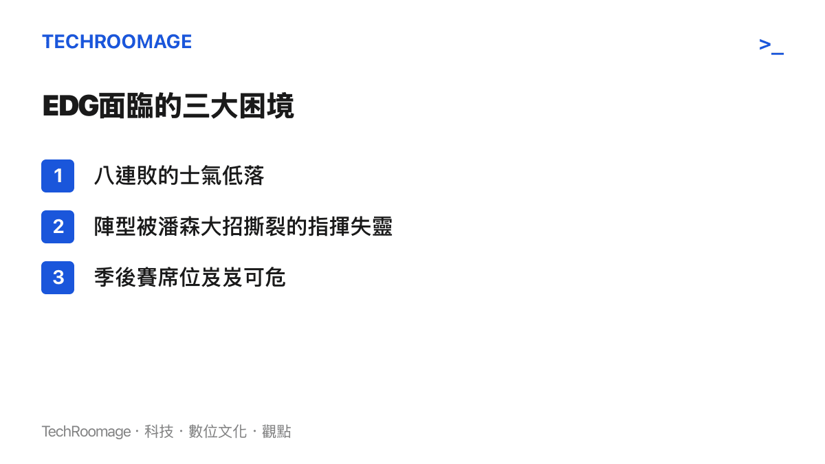 列舉EDG在面對BLG落敗後面臨的連敗士氣低落與陣型指揮失靈等三項困境