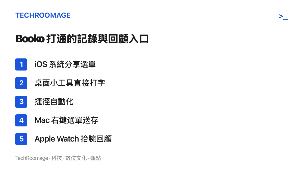 清單圖卡列出 Booko 整合的五種入口，包含 iOS 分享選單、桌面小工具打字、捷徑自動化、Mac 右鍵選單，以及 Apple Watch 上的回顧