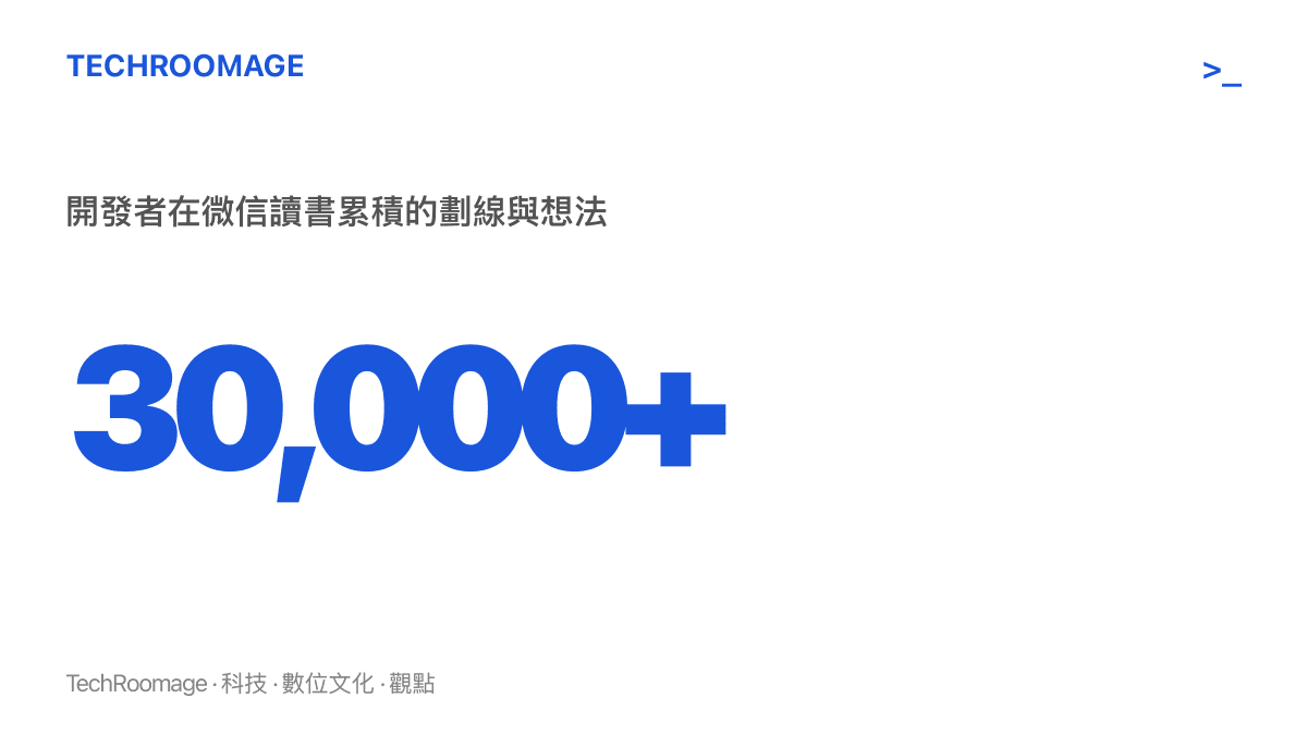 統計圖卡呈現 Booko 開發者在微信讀書累積超過三萬條劃線與想法的閱讀紀錄規模