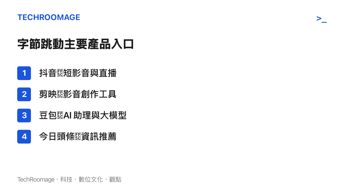 字節跳動旗下主要產品入口分布，包含抖音、剪映、豆包與今日頭條四個核心陣地