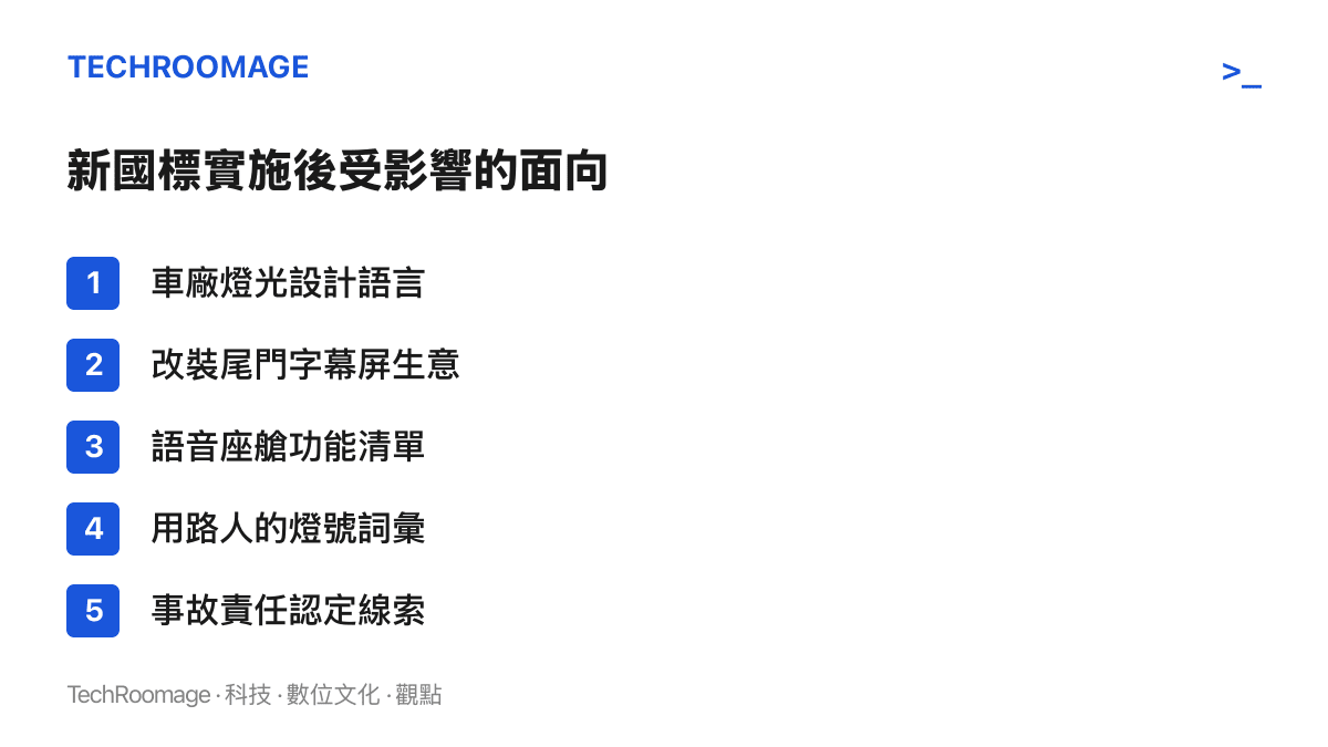 車燍強制國標實施後受影響的五個面向：車廠設計語言、改裝尾門字幕屏生意、語音座艙功能清單、用路人的燈號詞彙，以及事故責任認定的視覺線索