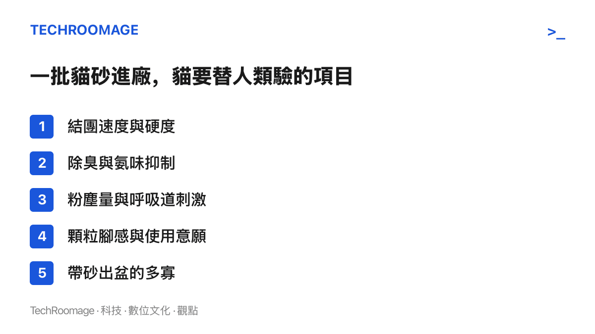 清單圖卡列出貓砂產品實際測試的五個項目，包括結團能力、除臭、粉塵、腳感接受度與帶砂量