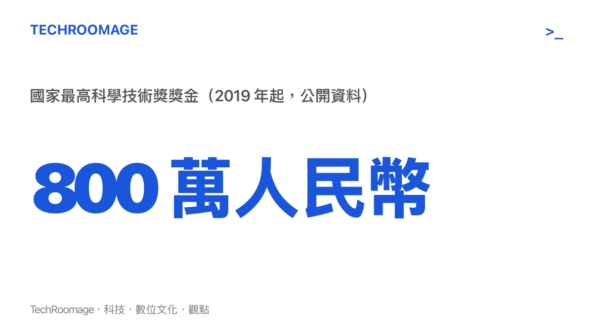 中國國家最高科學技術獎獎金金額示意圖，2019 年起調升至八百萬人民幣