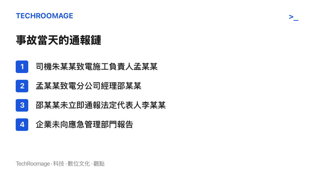圖卡列出承德九一一事故當天從司機、施工負責人、分公司經理到企業法定代表人的層層電話通報，最後一欄指出企業始終未向應急管理部門報告事故
