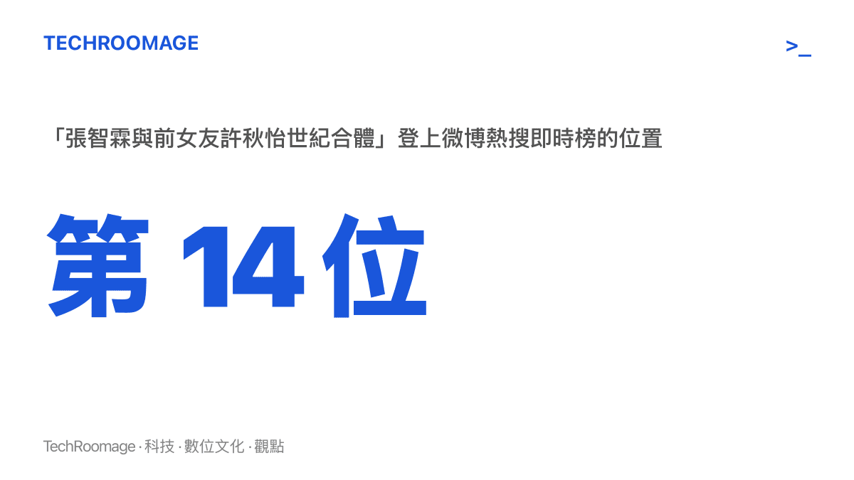 統計圖卡呈現張智霖與前女友許秋怡世紀合體的詞條登上微博熱搜即時榜第十四位