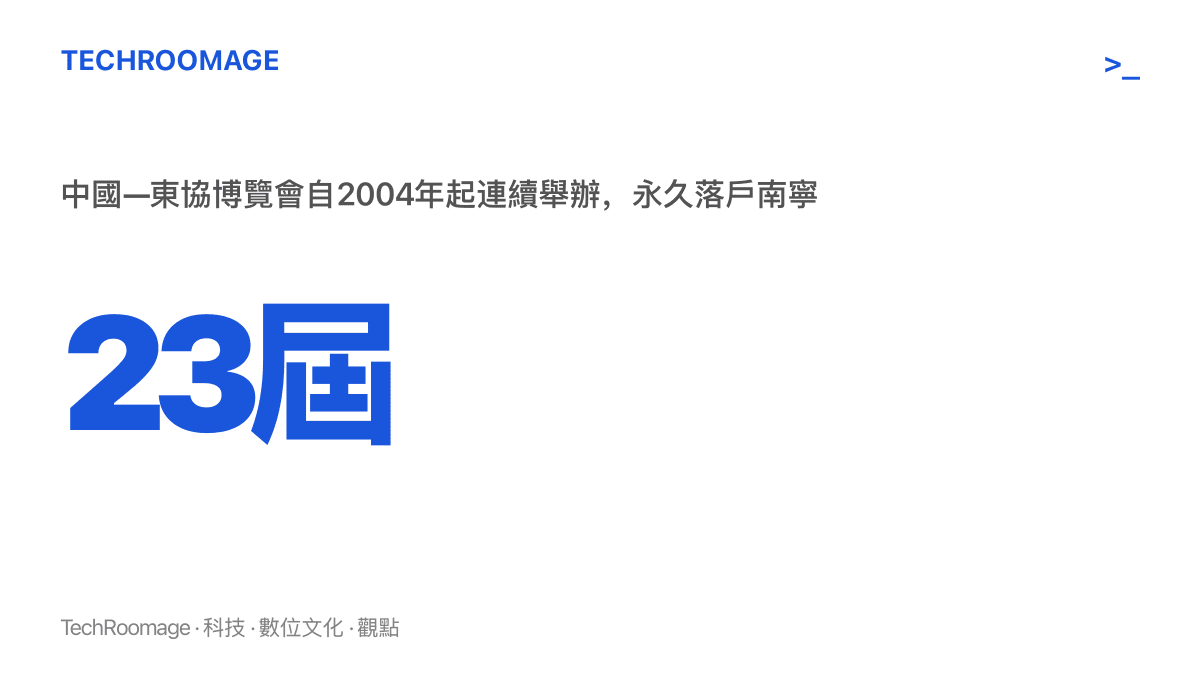 統計圖卡顯示中國—東協博覽會已連續舉辦至第23屆，自2004年起每年九月固定在廣西南寧舉行