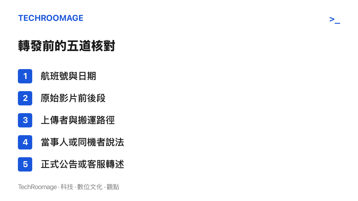 清單圖卡列出核對網傳服務衝突影片時可依序進行的五個步驟：確認航班號與日期、尋找原始影片前後段、查上傳者來源、比對當事人說法、分辨正式公告與客服轉述的差別