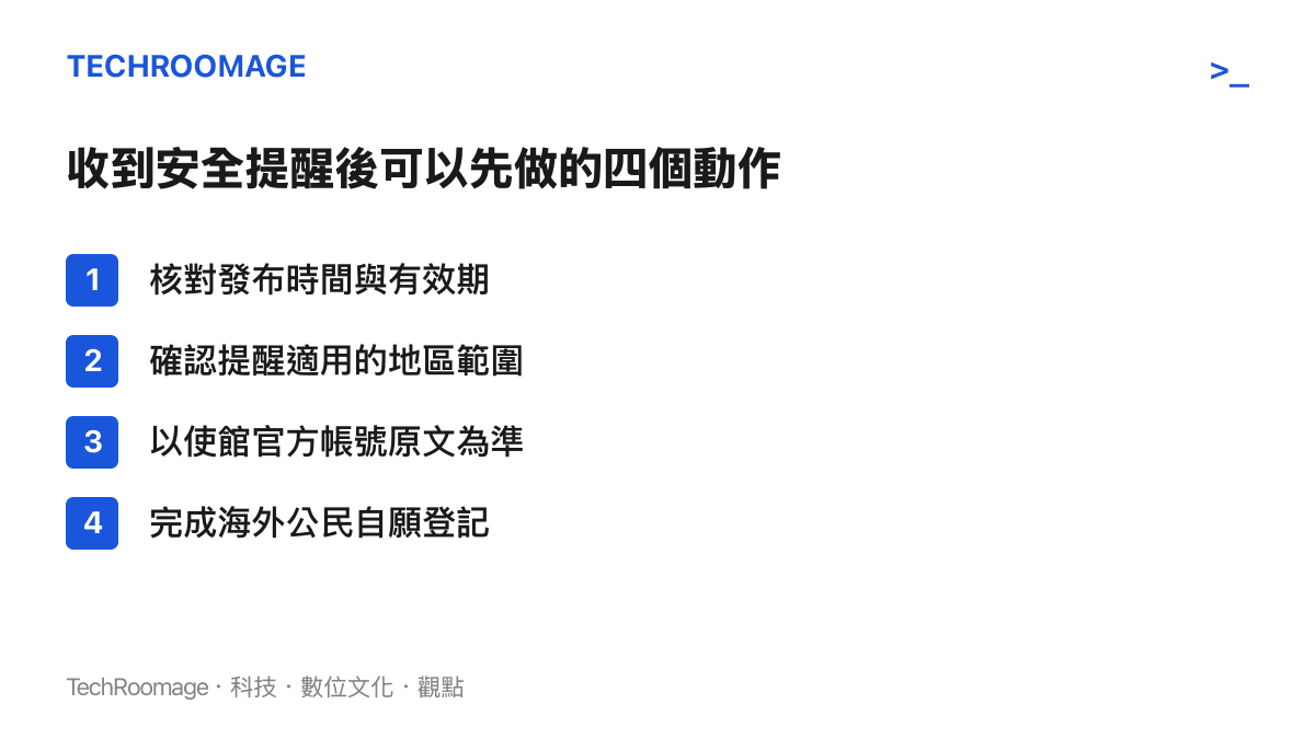 清單圖卡列出收到領事安全提醒後的四個檢查動作：核對發布時間與有效期、確認適用的地區範圍、以使館官方帳號原文為準、完成海外公民自願登記