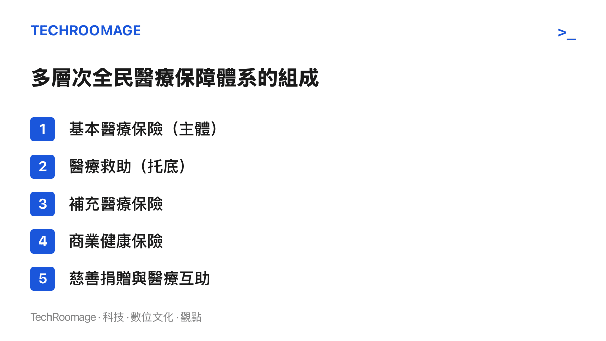 圖卡列出多層次全民醫療保障體系的五個組成部分，基本醫療保險為主體、醫療救助為託底，另納入補充醫療保險、商業健康保險、慈善捐贈與醫療互助