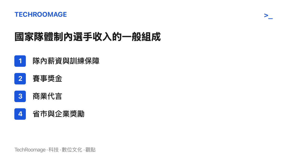 清單圖列出國家隊體制內桌球選手收入的四個組成項目，包含隊內薪資與訓練保障、賽事獎金、商業代言、省市與企業獎勵