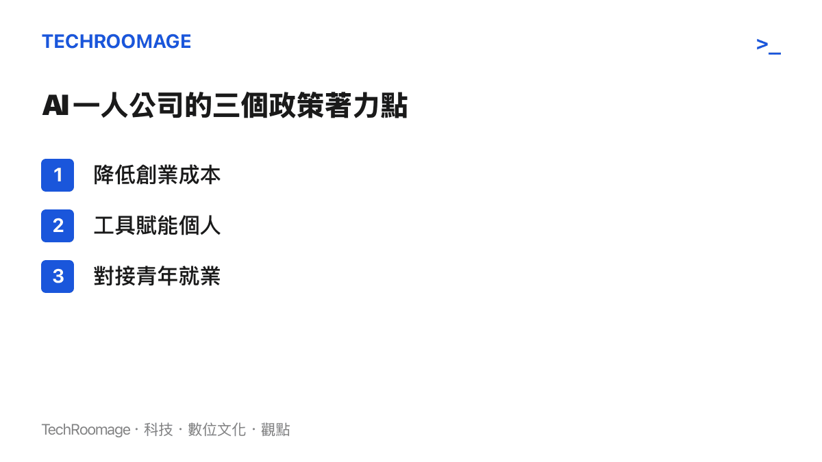 AI 一人公司政策三個著力點條列：降低創業成本、工具賦能個人、對接青年就業
