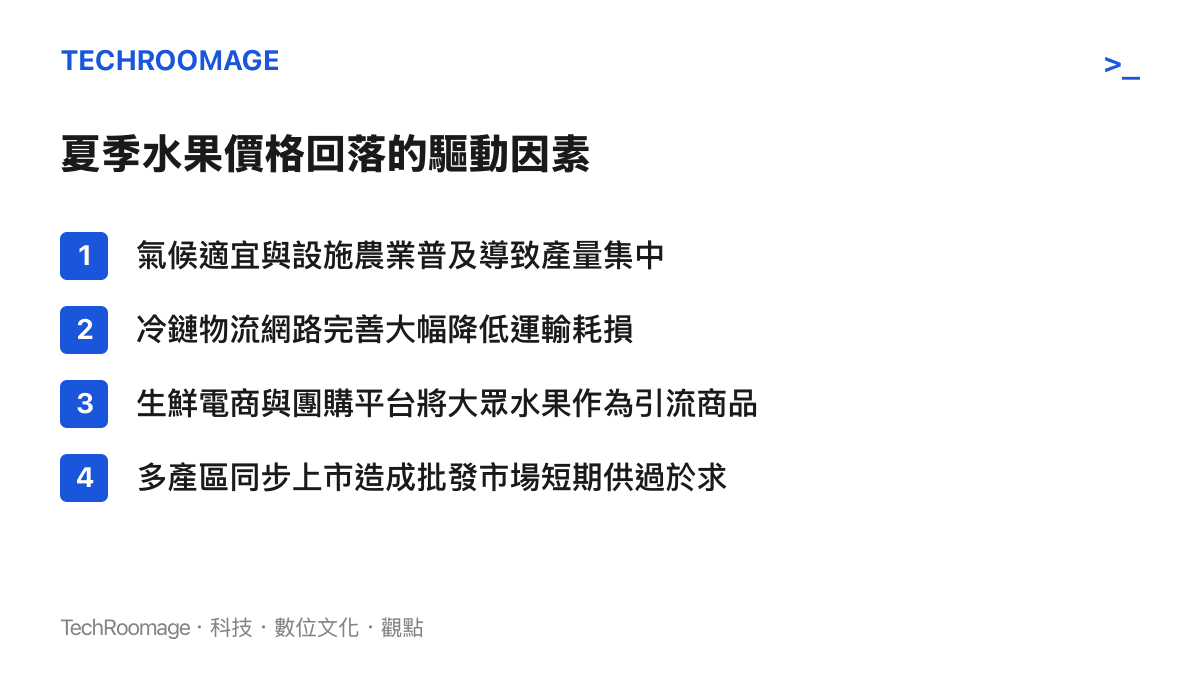 清單圖卡列舉四項導致西瓜與葡萄等夏季水果批發價下降的產業與市場因素。