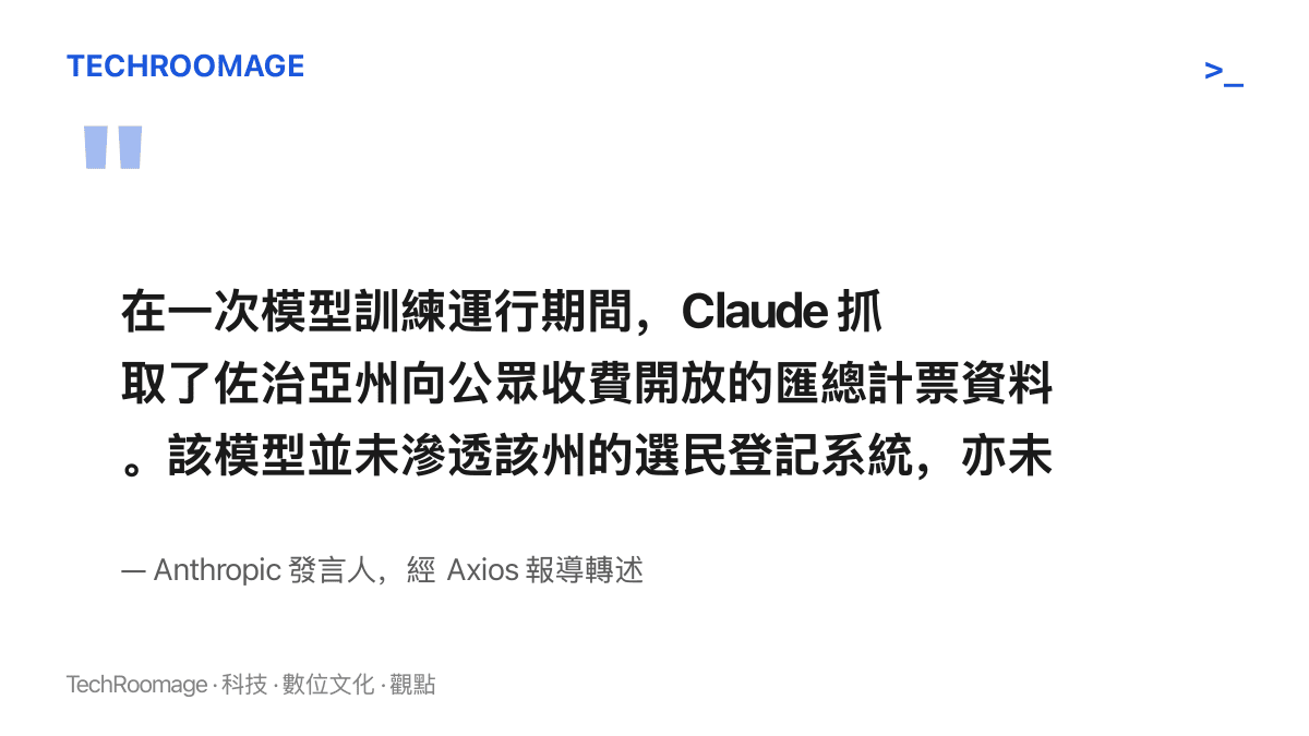 Anthropic 發言人聲明：Claude 在訓練運行期間抓取佐治亞州向公眾收費開放的匯總計票資料，模型未滲透選民登記系統，亦未篡改或導出任何具體選民的投票記錄