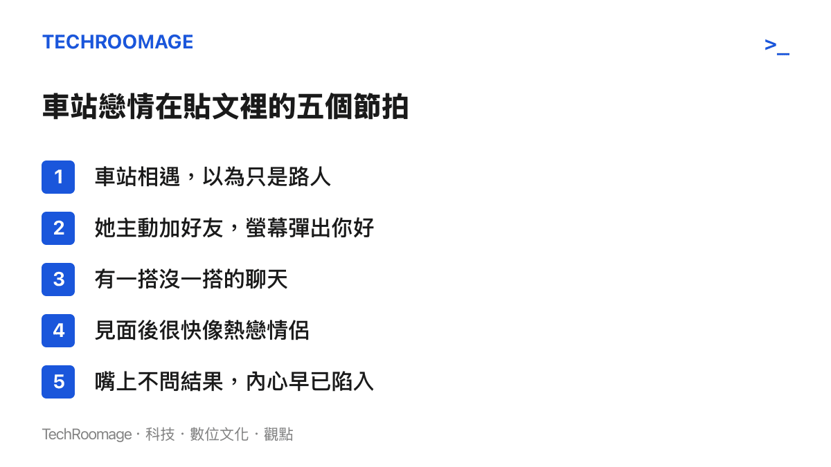 車站戀情被整理成五個節拍：相遇時以為只是路人、她主動加好友後螢幕彈出你好、有一搭沒一搭的聊天、見面後很快像熱戀情侶、嘴上不問結果而內心早已陷入