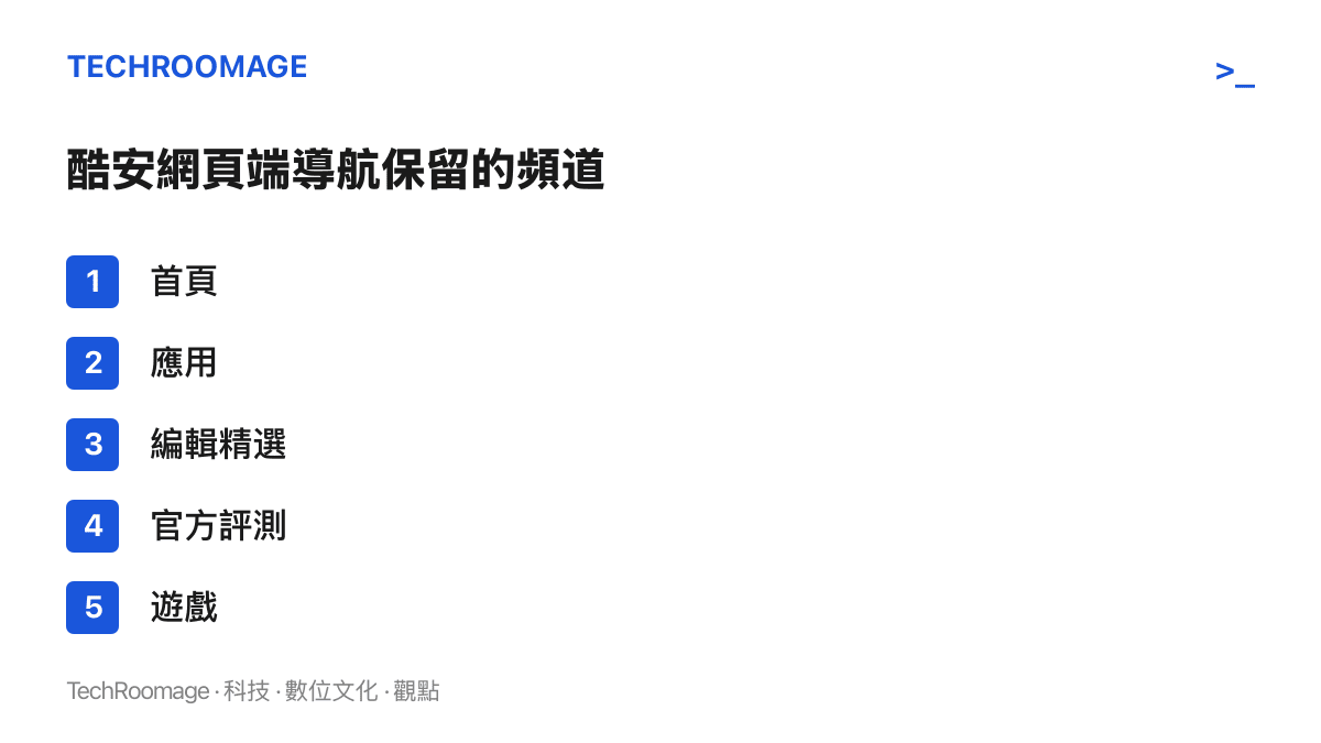 酷安網頁端導航列保留的五個頻道：首頁、應用、編輯精選、官方評測與遊戲，清單中沒有動態或社區討論入口