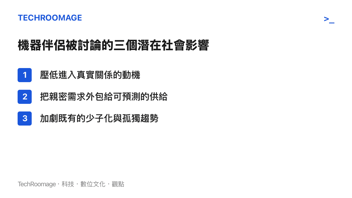 機器人伴侶對社會三個潛在影響的條列圖卡