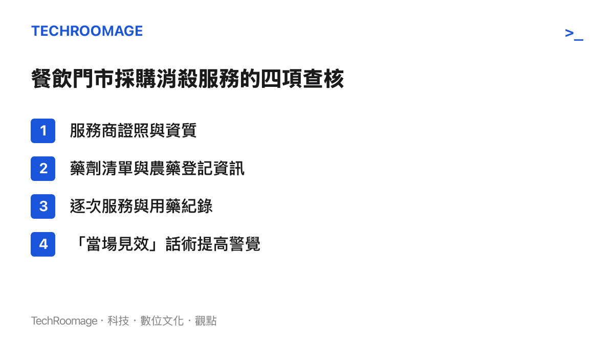 清單列出餐飲門市採購消殺服務時可留底的查核項目：服務商證照資質、藥劑清單與農藥登記資訊、逐次服務與用藥紀錄，以及對當場見效話術保持警覺
