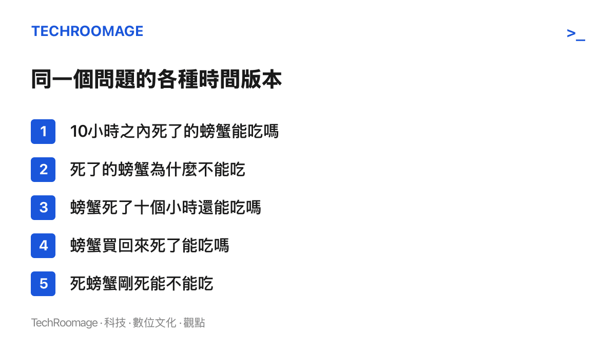 清單列出搜尋榜上流傳的五種死蟹食用疑問，內容環繞死亡時間長短與可食界線的反覆叩問