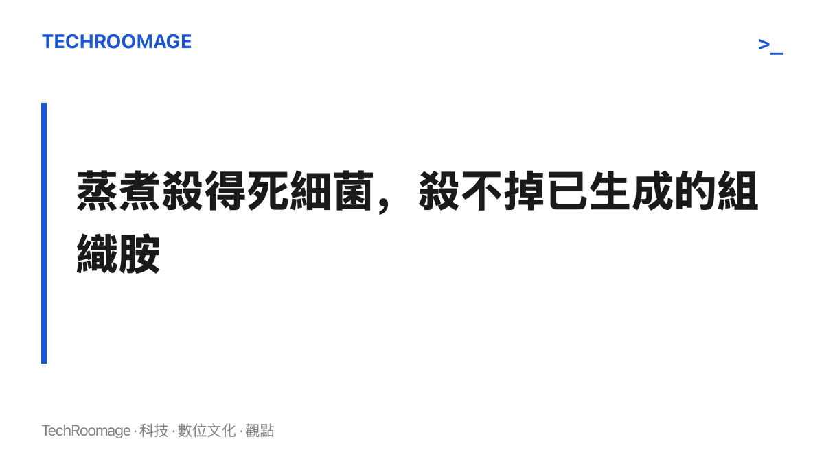 圖面主張高溫蒸煮的界線：加熱能消滅細菌，但組織胺耐熱，已生成的毒素無法靠家常烹煮破壞